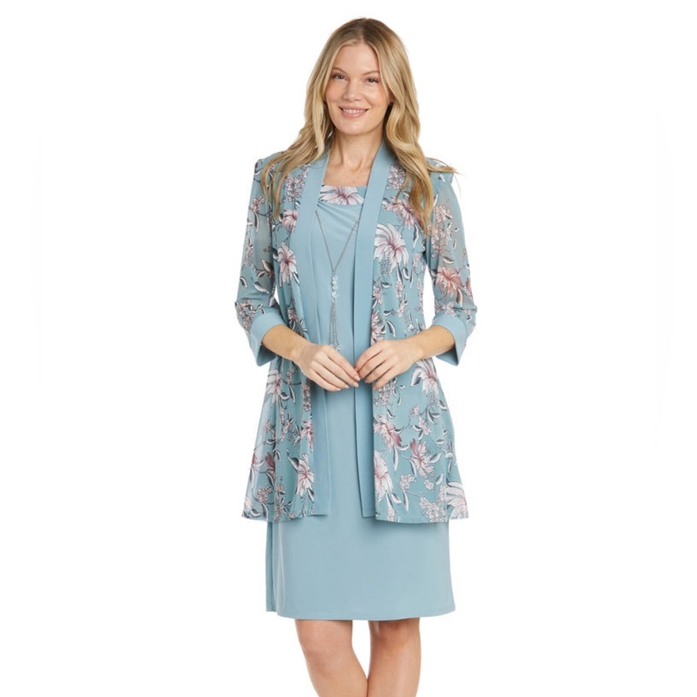 R & M Richards Teal and Pink Floral Wedding Dress